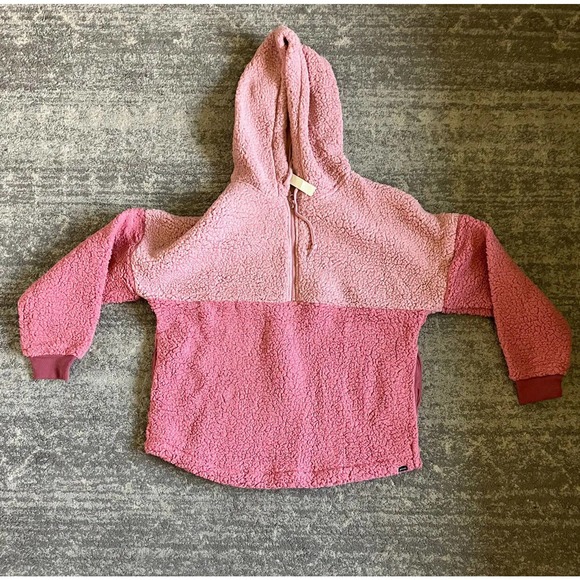 Women’s Pink By Victorias Secret M Quarter Zip Pullover Hood Sherpa Jacket Q6